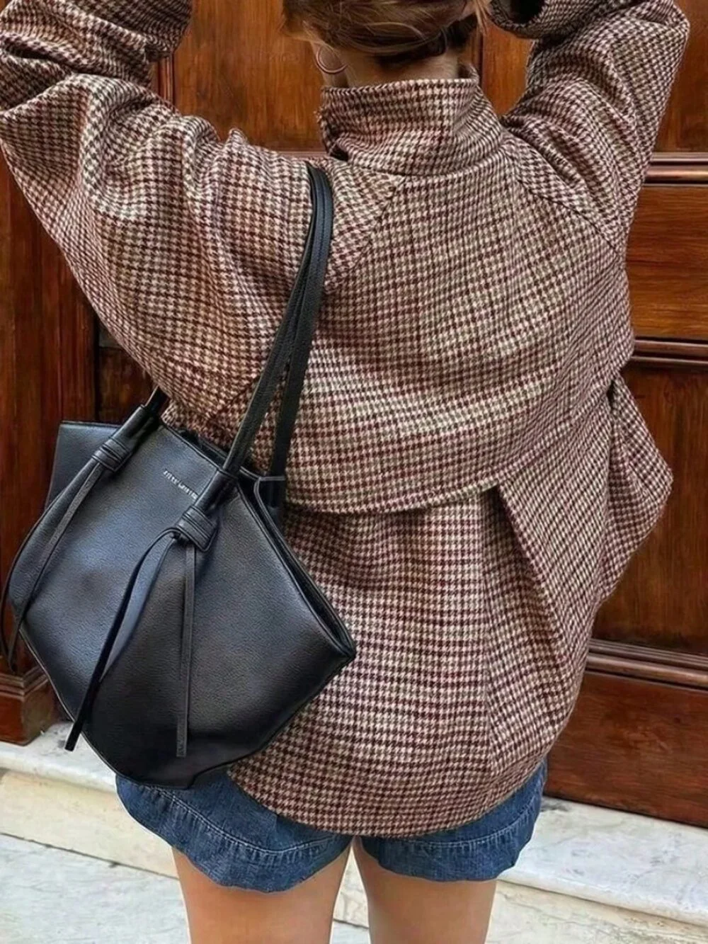 Reddish Casual Women's French Houndstooth Stand Collar Short Pocket Jacket